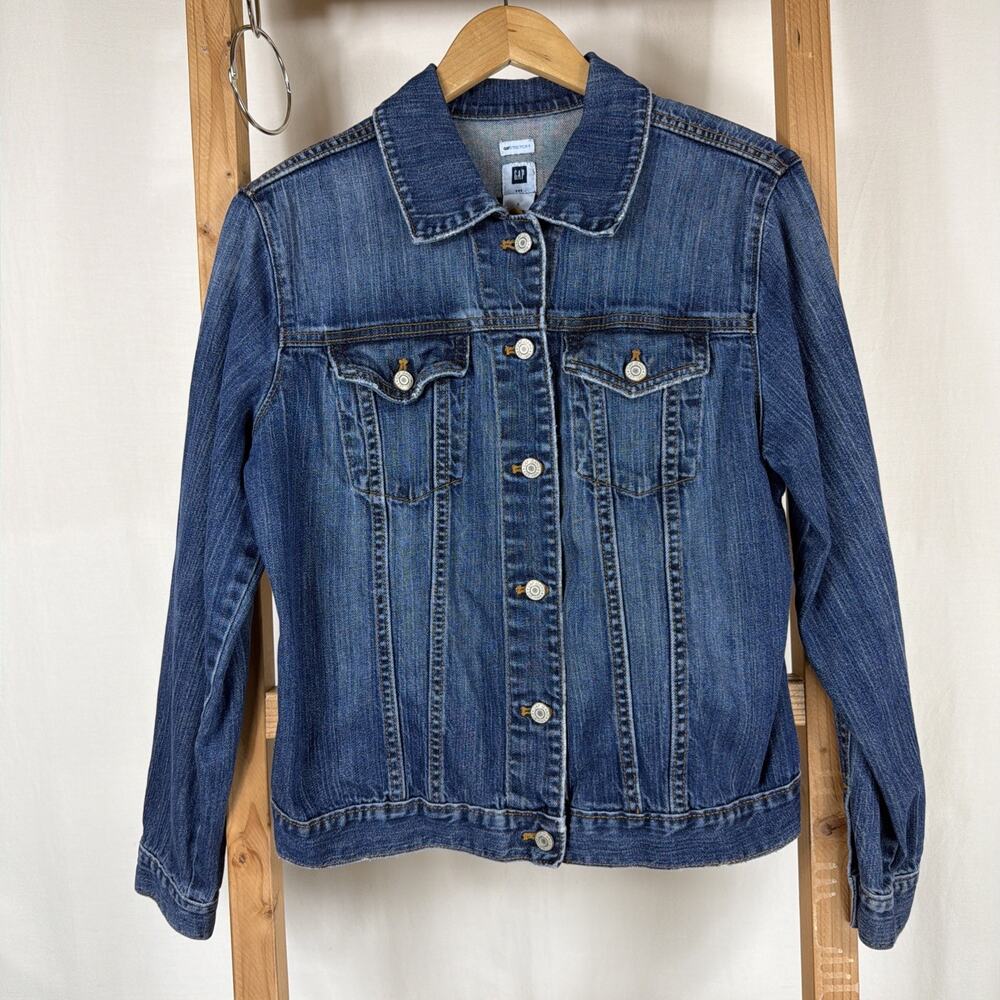 Vintage Y2K Gap Denim Button Up Painted Flower On Back Jean Jacket #1246 SZ LG